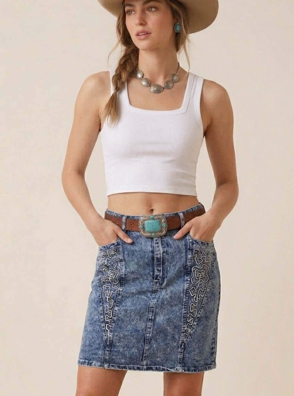 VTG Rhinestone Western Jean Denim Skirt 80s 90s Acid Wash  Size XL Fits Large